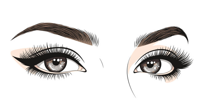 Close up artistic rendering of a woman?s eyes featuring dramatic winged eyeliner and long dark lashes emphasizing a glamorous and bold makeup look.