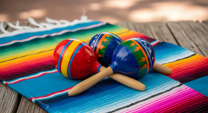 colorful maracas on serape blanket