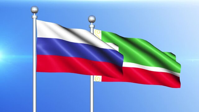 Russia and Chechen Repub-lic National Flag Waving on Pole Loop