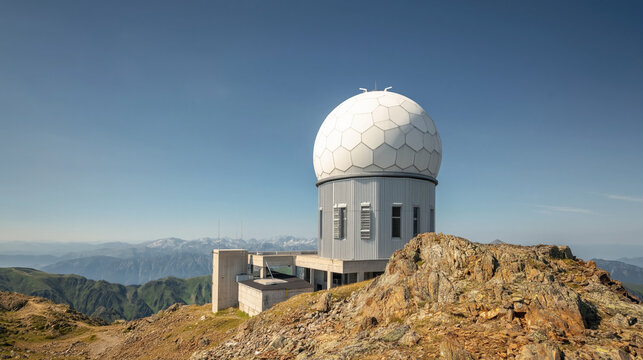 Mountain Weather Station and Observatory with Radar Dome: Cutting-Edge Technology in Remote Scenic Location for Atmospheric Research and Weather Forecasting
