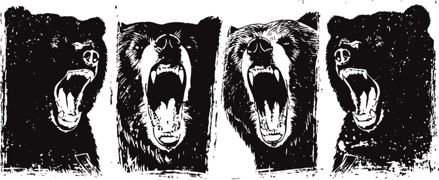 Roaring bear head illustrations in black and white, aggressive wild animal design set