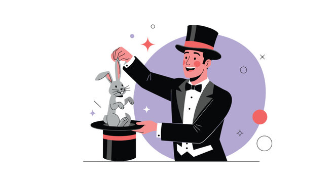 Magician wearing a classic tuxedo and top hat performs a trick by pulling a grey rabbit out of the hat in a spotlight.