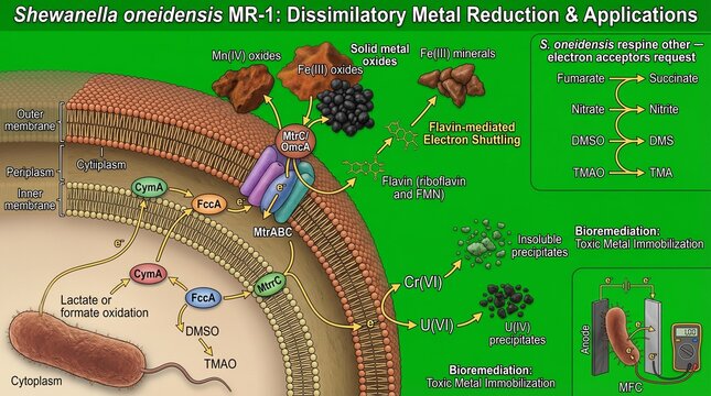 A detailed infographic illustrating the process of dissimilatory metal reduction in Shewanella oneidensis MR-1 and its various applications