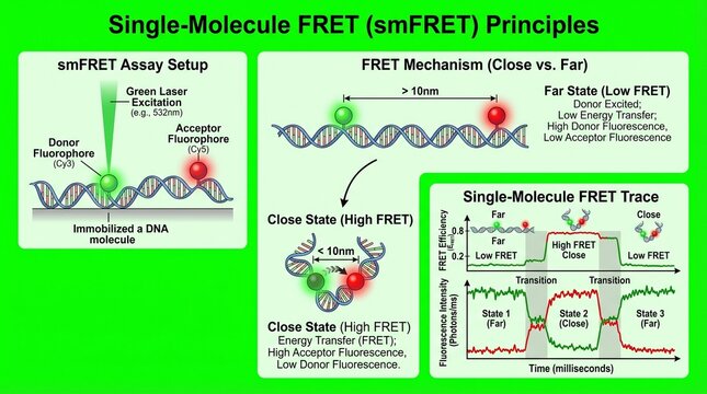 A scientific illustration explaining Single-Molecule FRET smFRET principles in molecular biology
