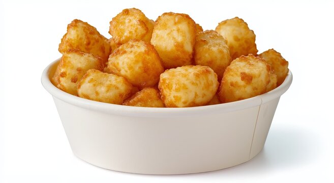 A white paper cup overflowing with golden brown tater tots isolated on a white background potato fried