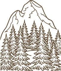Obraz premium Mountain and pine forest line art hand drawn nature scene with tall evergreen trees and rocky peak silhouette