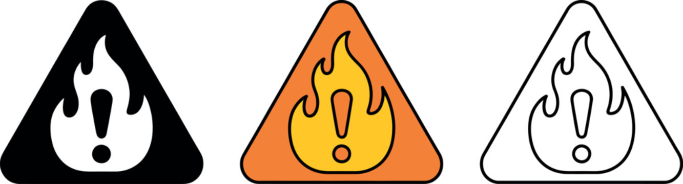 Warning signs with flames and exclamation marks in triangle shapes