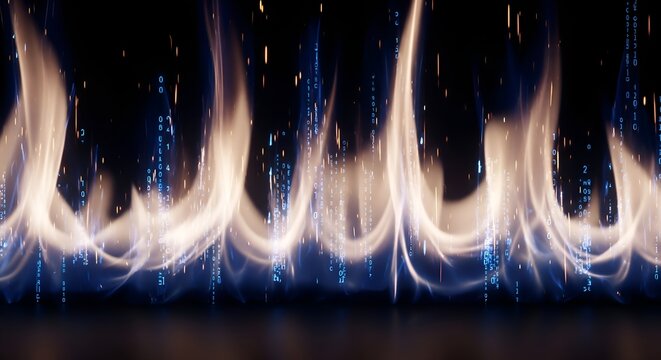 Digital Fire: Fiery Flames with Binary Code Overlay, Abstract Technology Concept