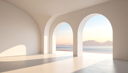 Fototapeta premium Minimal room with smooth arch shapes and soft natural lighting. Trendy architectural interior concept.