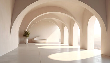 Fototapeta premium Minimal room with smooth arch shapes and soft natural lighting. Trendy architectural interior concept.
