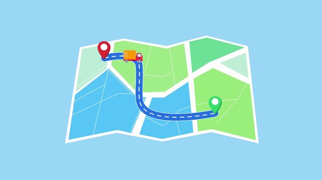 Animated video of a folded map showing GPS route with start and end points, navigation path, and location pins. Represents logistics tracking, shipment routing, and real time navigation system.