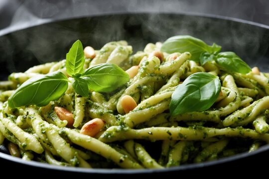 Fresh trofie pasta with basil pesto and pine nuts