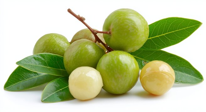 Green macadamia nuts with leaves on a white background green nuts macadamia leaves food