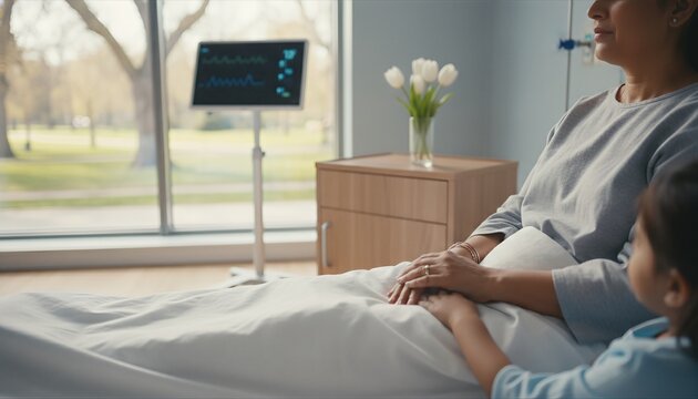A middle aged woman resting in a bright medical suite while a young child gently holds her hand in a supportive gesture