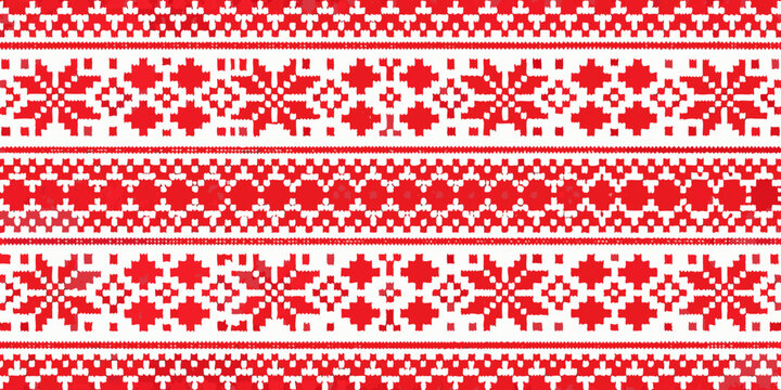 A repeating red and white nordic pattern resembling knitted fabric