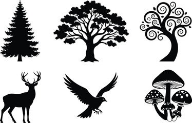 Fototapeta premium Tree silhouettes, deer with antlers, flying bird, mushrooms cluster, forest diversity, black vector artwork, natural outline, cad drawing flat vector illustration