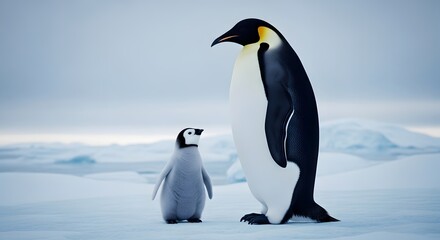 Fototapeta premium Adorable adult and baby penguins standing on icy landscape with a cold blue background perfect for wildlife conservation and nature themes in stock images