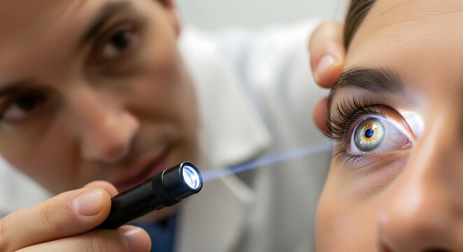 Ophthalmologist examining a patient's eye with a penlight during a routine eye exam.