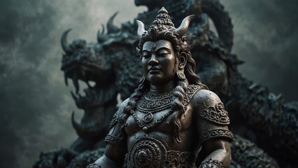 Fototapeta premium Statue of man with horns on his head, fantasy style digital art - Generative AI
