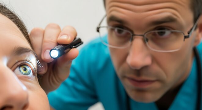 A male ophthalmologist wearing glasses and scrubs examines a female patient's eye with a penlight during a medical check-up.