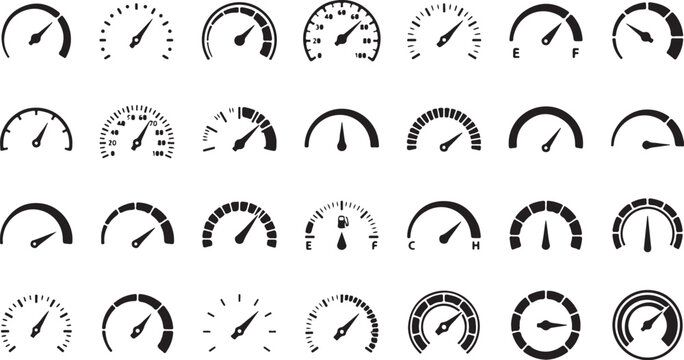 Speedometer icons, gauge symbols, meter graphics, dashboard elements, 25 speedometer illustrations