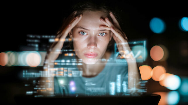 Stressed young woman looking at holographic screen with data and charts at night. Concept of information overload, digital burnout, cyber security and futuristic data analysis in the dark city.