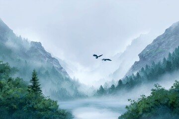 Fototapeta premium a misty valley with a forest, birds flying in the sky