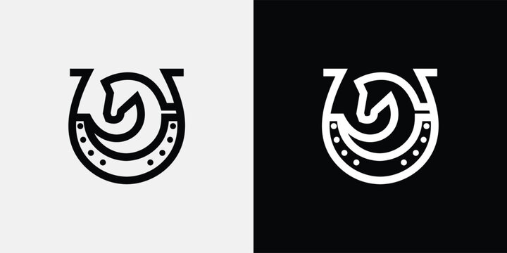 Horse head inside horseshoe logo design on white and black background.