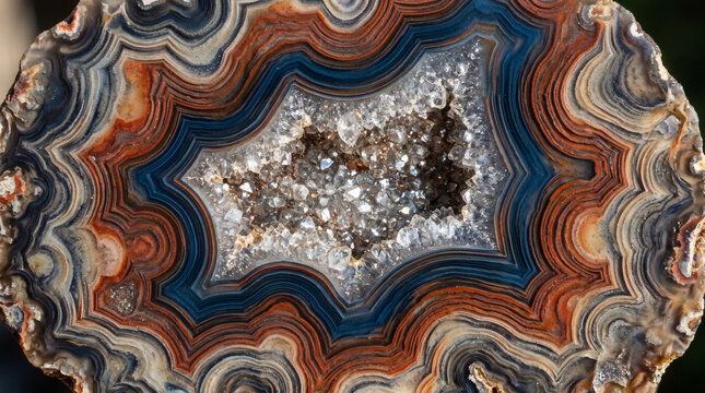 A high-contrast, macro detail shot of a sliced agate geode. The focus is solely on the intricate, organic banding patterns and the sparkling, crystalline druzy center. The image is cropped tightly to 