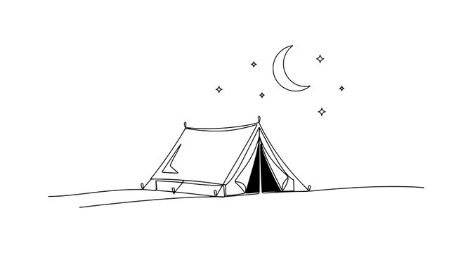 Tent minimalist line drawing on campsite ground with crescent moon and stars at night sky featuring camping,