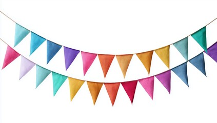 Obraz premium Two rows of colorful triangular fabric bunting flags strung on a white background banner party 1 celebration
