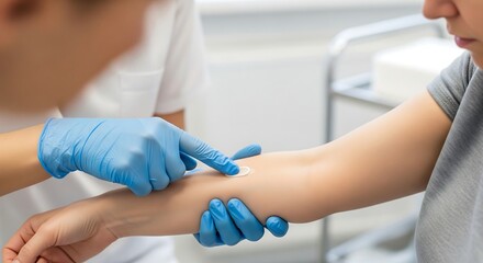 Obraz premium Medical professional in blue gloves preparing a patient's arm for a procedure, possibly a blood test or injection.