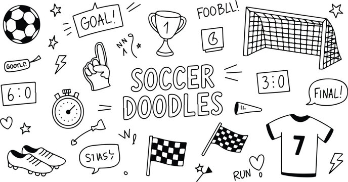 Soccer doodle element set with hand drawn football ball, trophy cup and sport symbols in sketch style