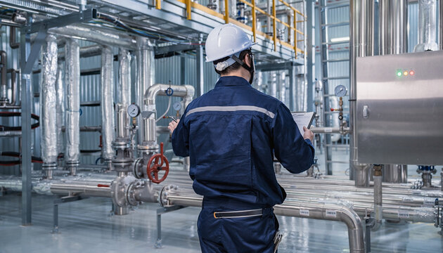 ヘルメットを着用して設備を点検する保守作業員の後ろ姿