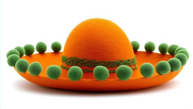 Vibrant orange sombrero with green pom poms on brim