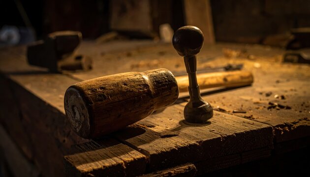 Rough hewn wooden tool handles, worn smooth by prolonged use in a workshop