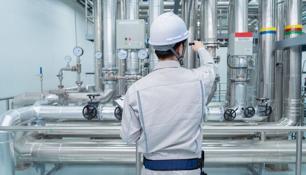 ヘルメットを着用して設備を点検する保守作業員の後ろ姿