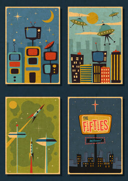 1950s Posters Vector Template Set. Mid Century Modern Style Illustrations, 50s Templates for Retro Party, Event Poster, Atomic Age Style, Space Age Design, Abstract Shapes, 1950s Colors, Paper Texture