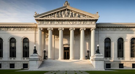 Obraz premium Grand Classical Building with Majestic Columns and Sculptural Details Under a Clear Sky