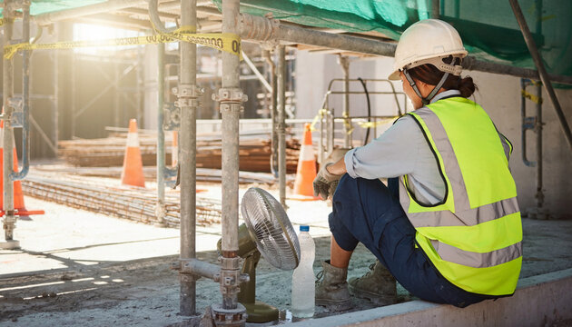 建設現場の日陰で休憩する作業員の後ろ姿（熱中症対策）