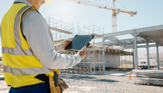 建設現場でタブレットを活用する作業員の後ろ姿（建設DX）