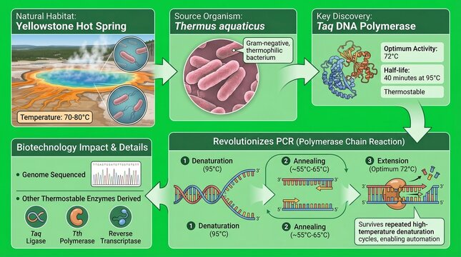 A detailed infographic about the discovery of Taq DNA Polymerase from Thermus aquaticus in Yellowstone Hot Spring and its impact on biotechnology and PCR