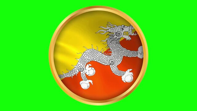 Bhutan Round Framed National Wavy Flag. Circular Blowing Flag of Bhutan with Gold Frame.