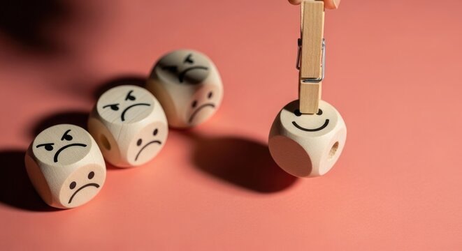 Creative wooden dice with emotional faces and clothespin lifting a happy expression against pink background