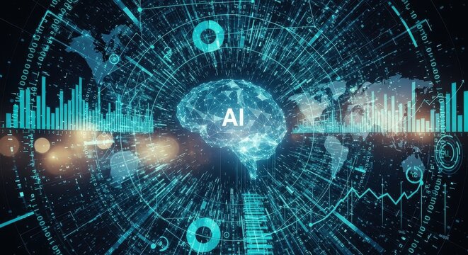 a futuristic digital illustration of a globe with a brain and lines ai concept big data visualizatio