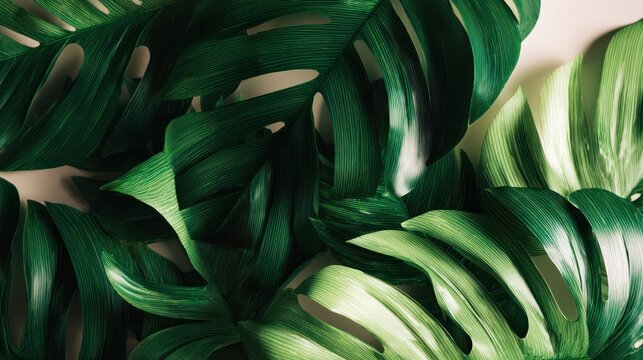 Lush, deeply cut tropical foliage fills the entire frame with dark and light green tones.