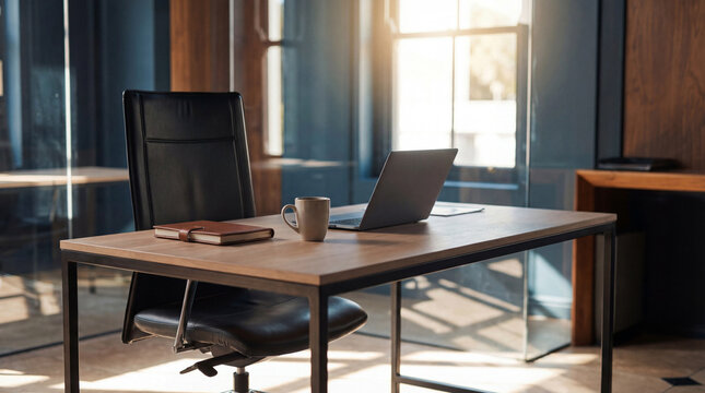 Inviting modern office interior with a laptop, notebook, and coffee cup on an empty wooden desk next to an ergonomic.