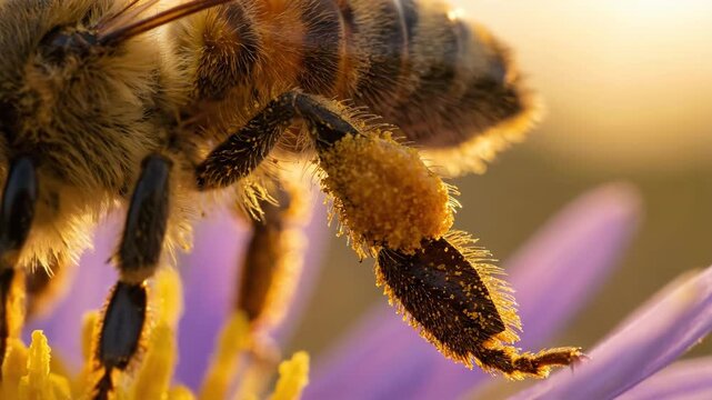 Extreme Close Up of a Honey Bee Collecting Pollen on a Purple Flower.