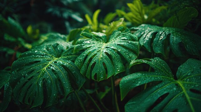 Tropical foliage displays prominent leaves glistening with fresh water droplets in dim lighting