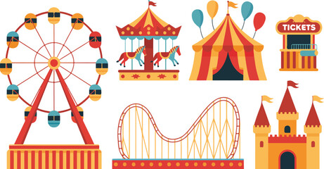 Circus carnival element set with amusement park icons including carousel, ferris wheel, tent and roller coaster on white background © Mst